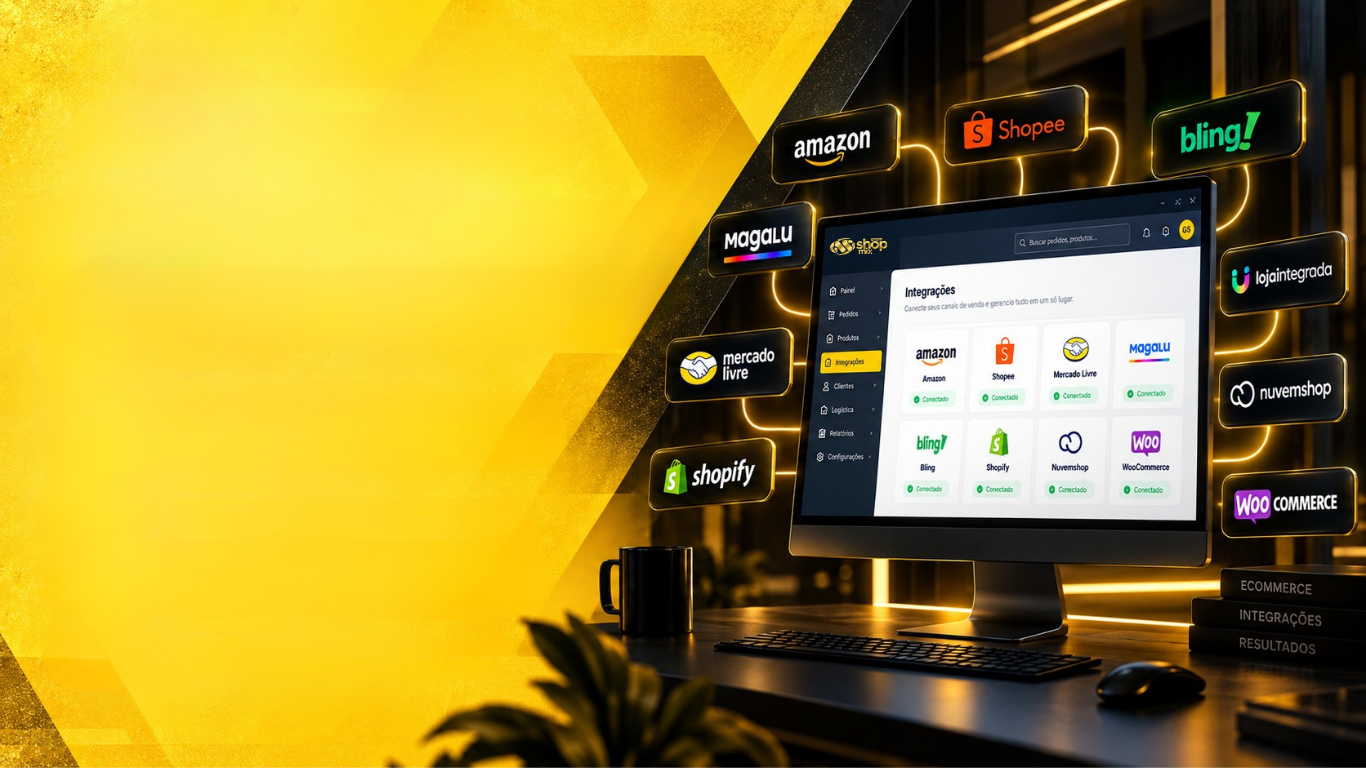 Sistema GrupoShopMix em um monitor, com logos de Amazon, Shopee, Bling, Magalu, Mercado Livre, Shopify, Loja Integrada, Nuvemshop e WooCommerce conectados por linhas douradas.